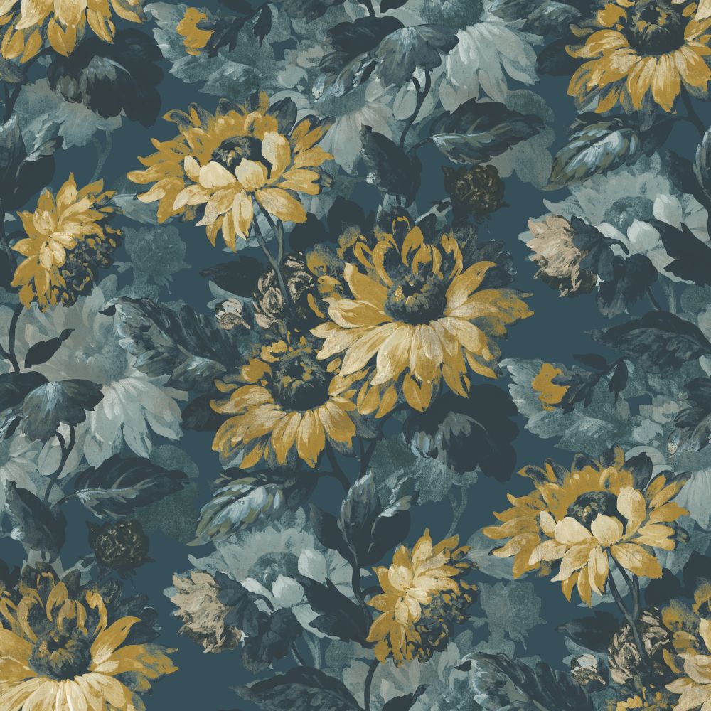 Sunforest Velvet Fabric - Denim / Ochre  - by Clarke & Clarke