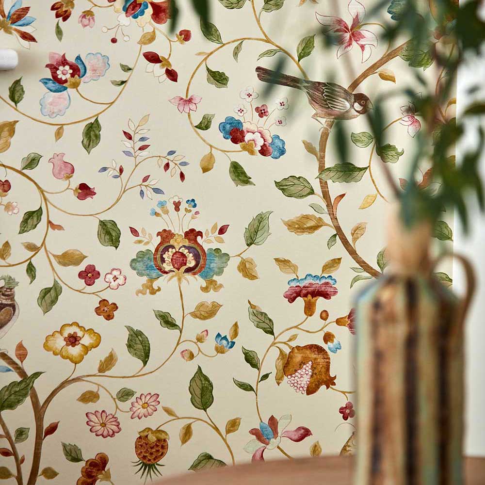 Arils Garden Wallpaper - Olive / Mulberry - by Sanderson