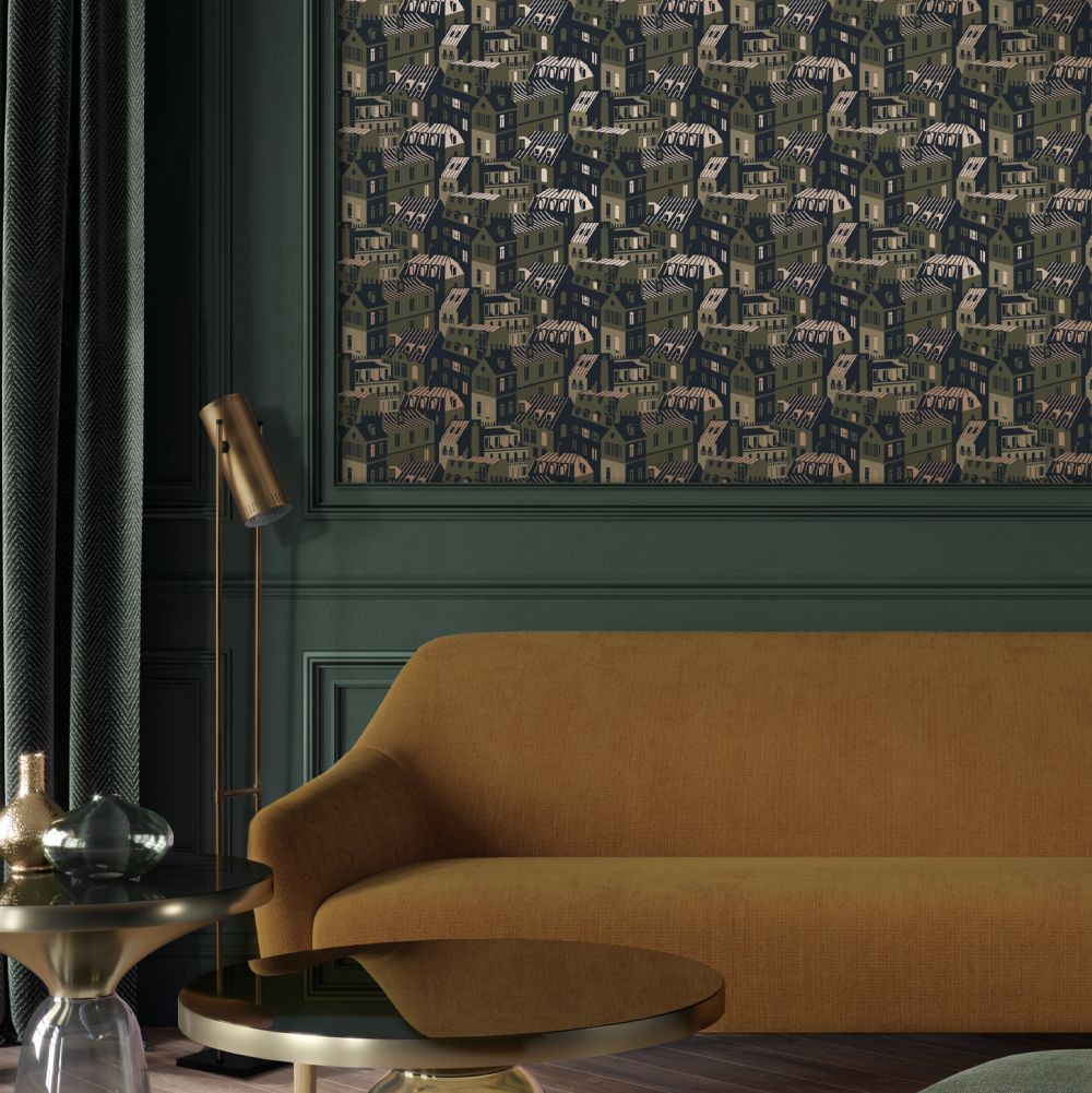 Emma's Apartment Wallpaper - Olive & Gold - by Mini Moderns