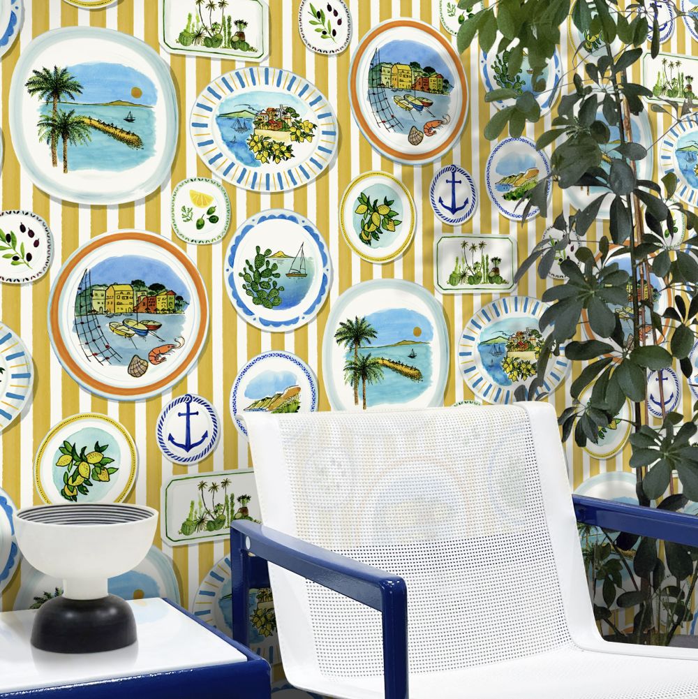 Porcellana Wallpaper - Mustard - by Mini Moderns