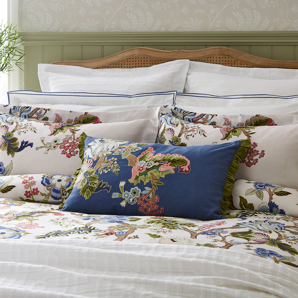 Fusang Tree Embroidered Oxford Pillowcase - Peacock Blue & White - by Sanderson