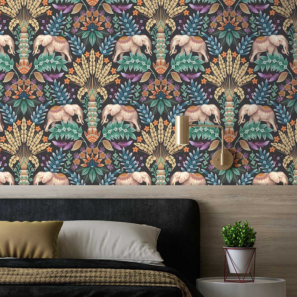 Exotic Elephant Wallpaper - Charcoal - by Graduate Collection