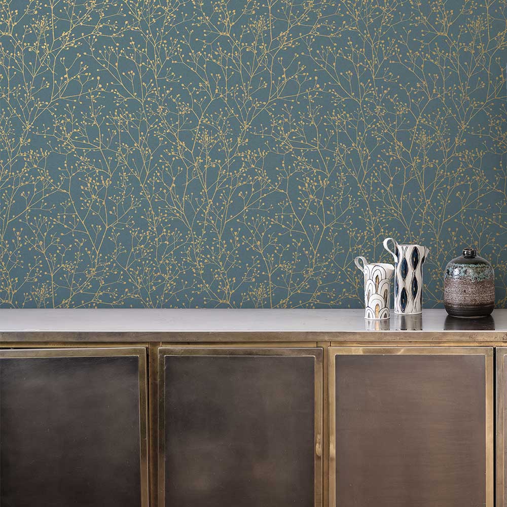 Gypsophila Wallpaper - Airforce Blue & Soft Gold - by Clarissa Hulse