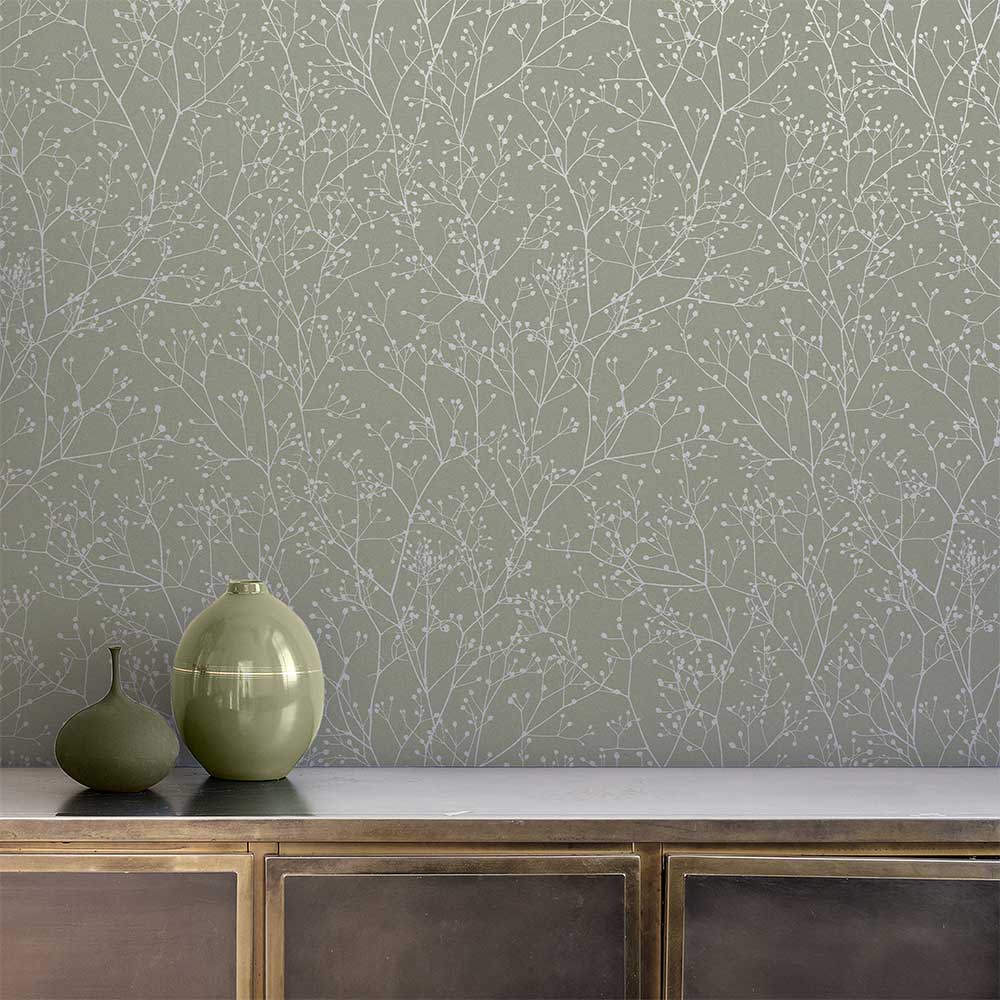 Gypsophila Wallpaper - Spring Green & Silver - by Clarissa Hulse