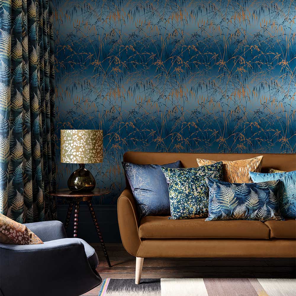Meadow Grass Wallpaper - French Navy & Copper - by Clarissa Hulse