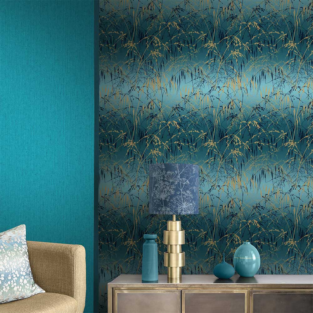 Meadow Grass Wallpaper - Teal & Soft Gold - by Clarissa Hulse