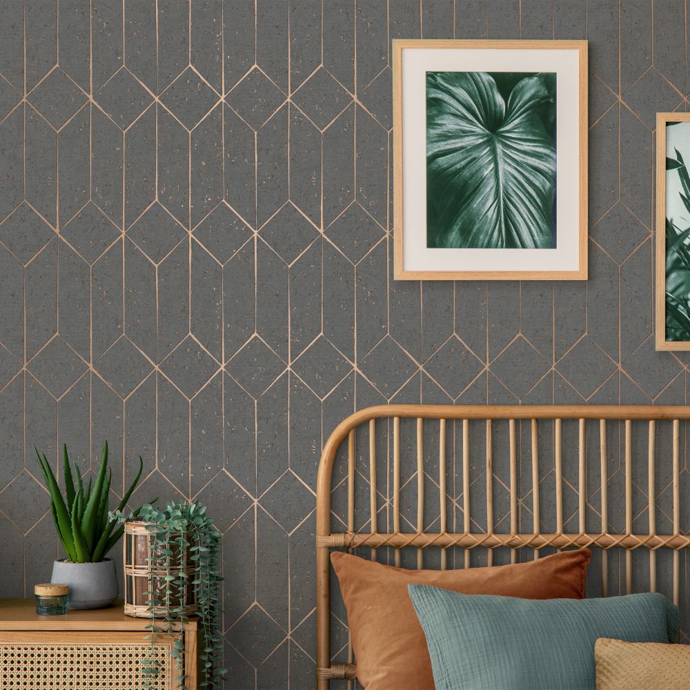 Cork Geo Wallpaper - Charcoal - by Albany
