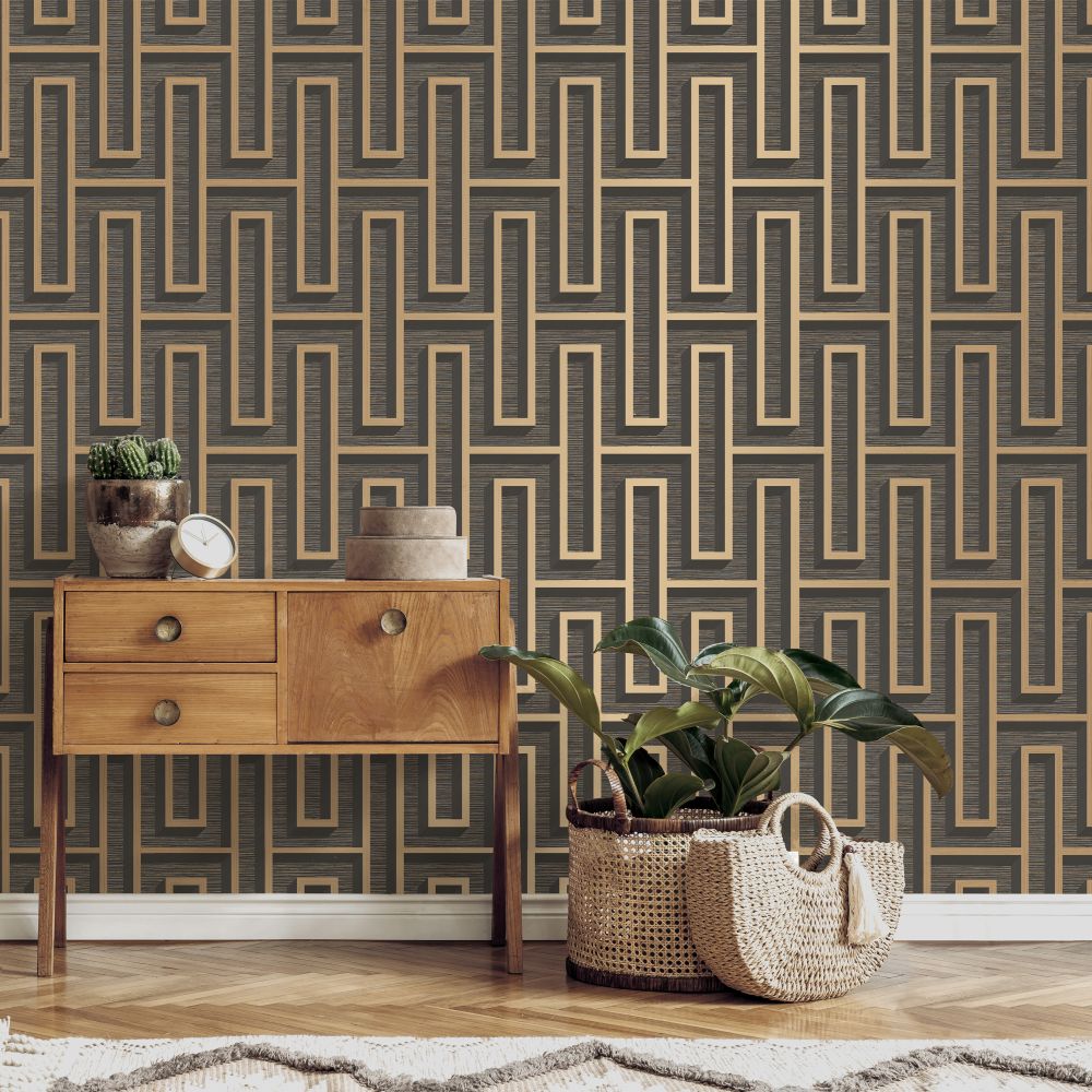 Grasscloth Maze Wallpaper - Charcoal - by Albany