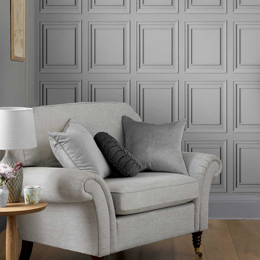 Redbrook Wood Panel Wallpaper - Silver - by Laura Ashley