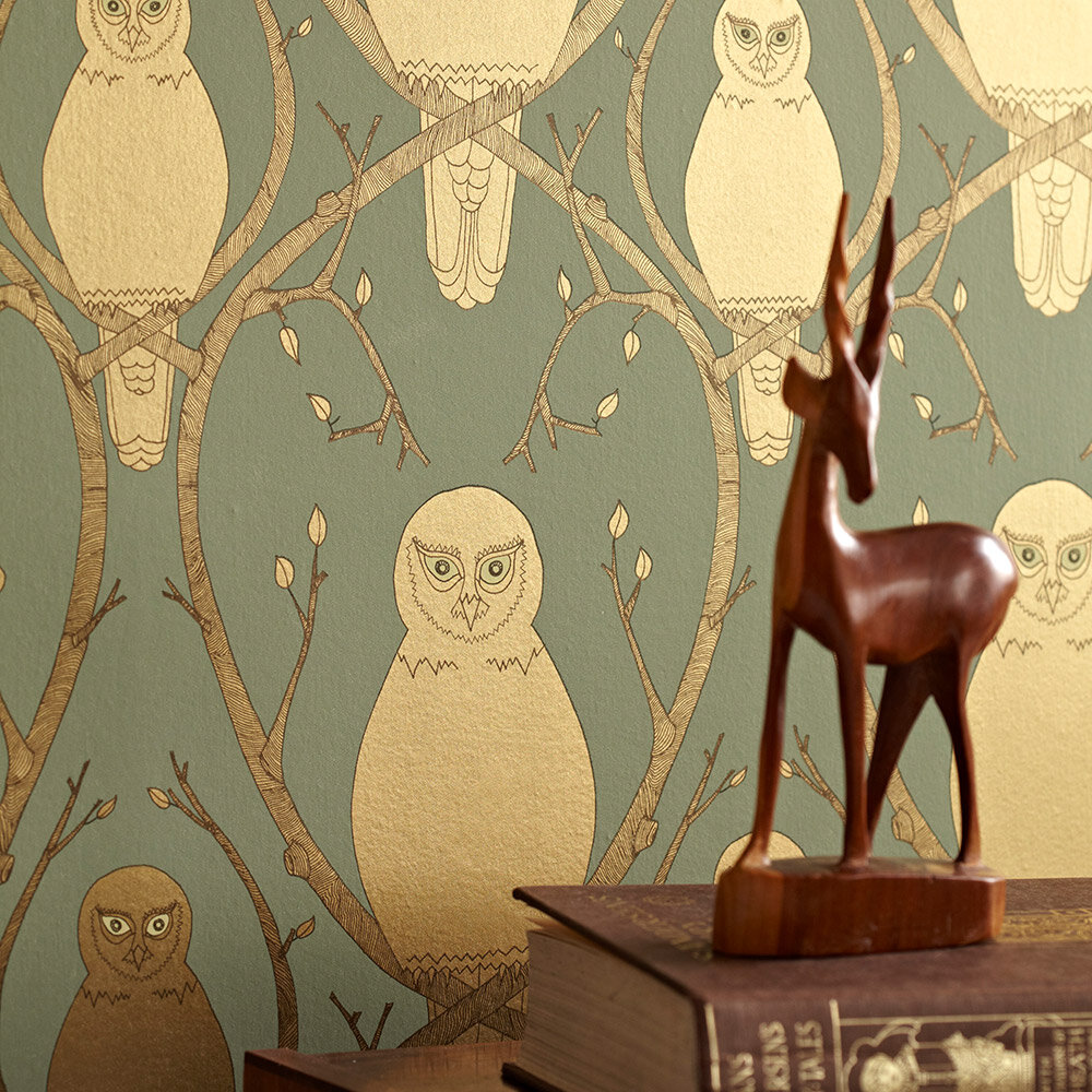 Briar Owl Wallpaper - Gold - by Abigail Edwards