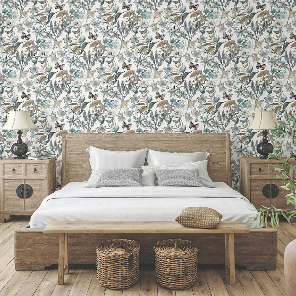 Butterfly House Wallpaper - White & Dusky Blue - by York