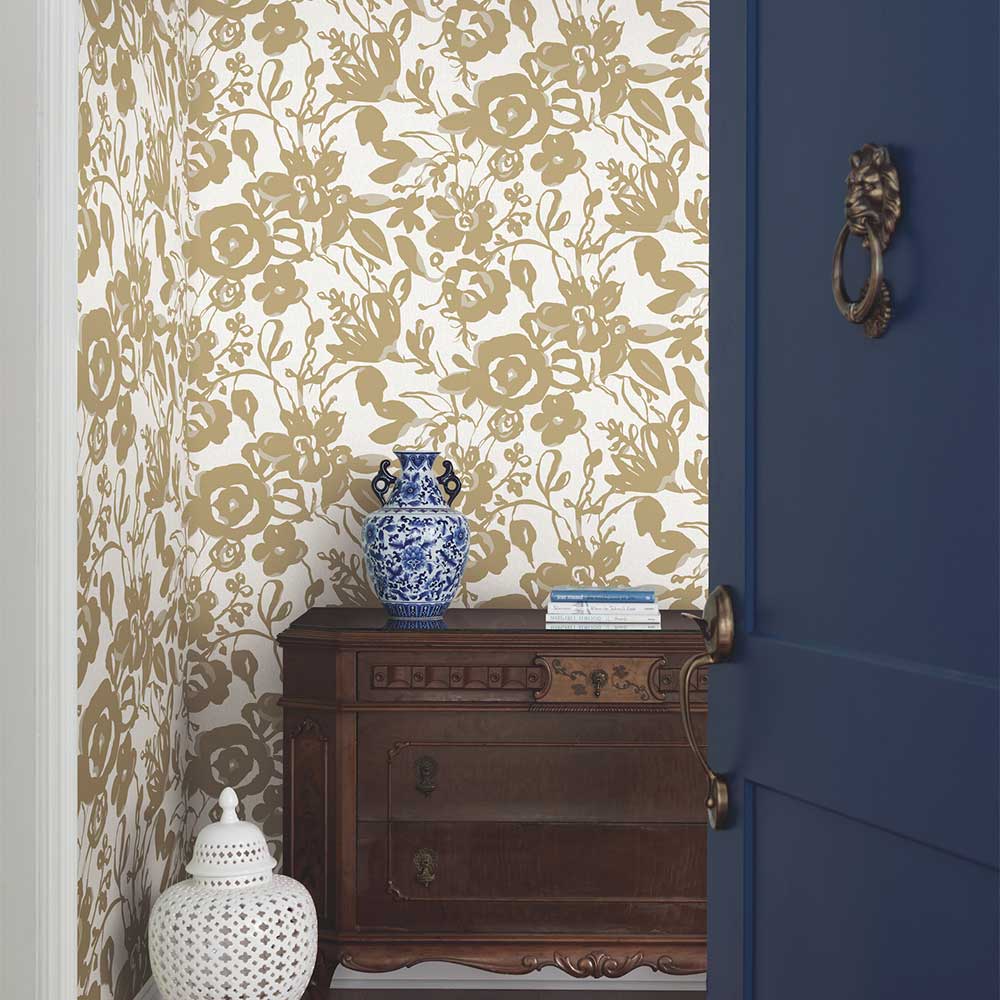 Brushstroke Floral Wallpaper - Gold - by York