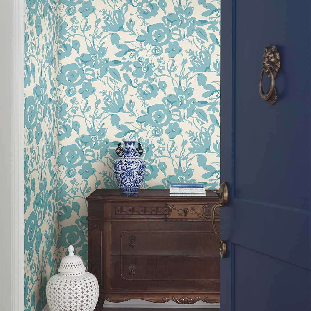 Brushstroke Floral Wallpaper - Aqua - by York