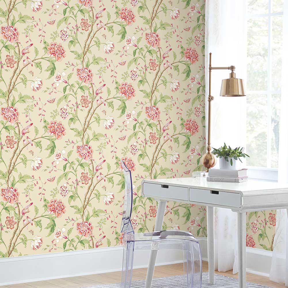 Teahouse Floral Wallpaper - Beige & Coral - by York