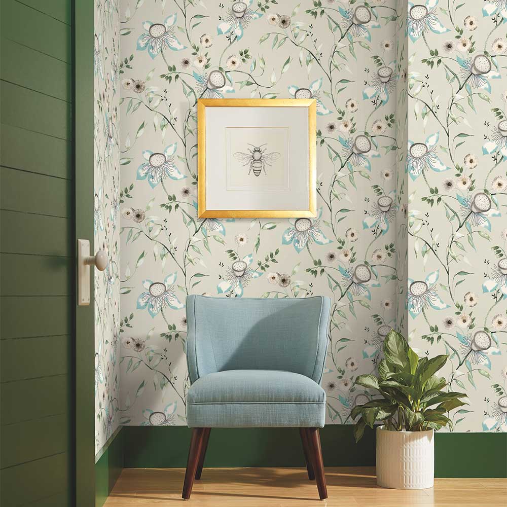 Dream Blossom Wallpaper - Taupe & Aqua - by York