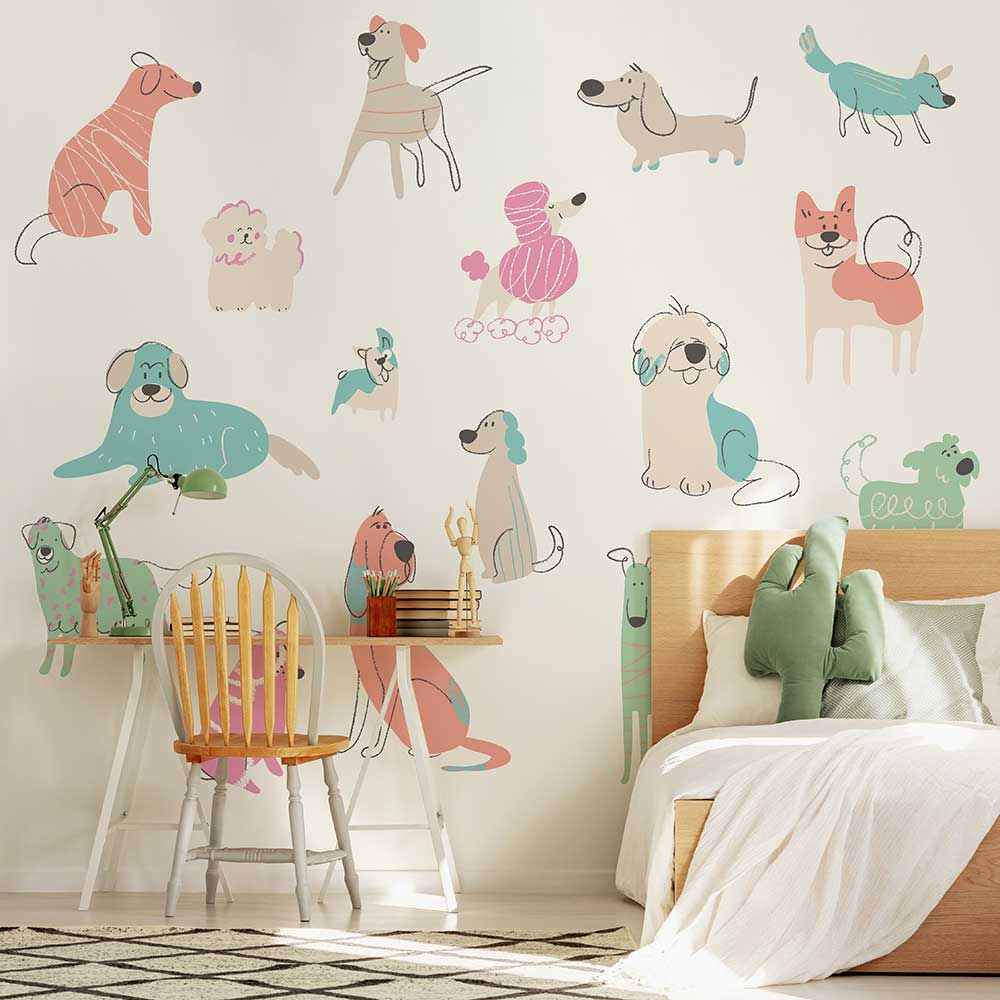 Happy Dogs Large Mural - Blush Pink - by Origin Murals