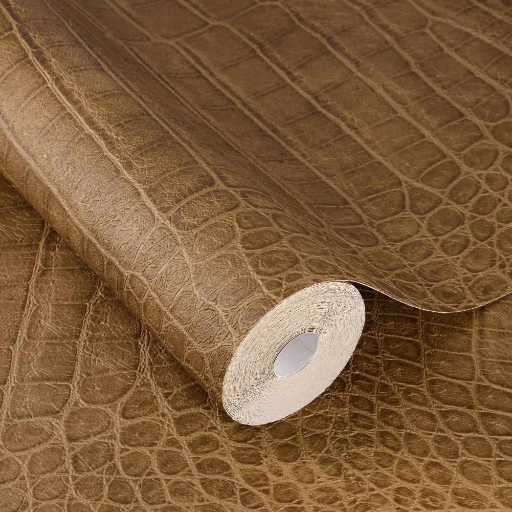 Imitation Crocodile Leather Wallpaper - Warm Brown - by Albany