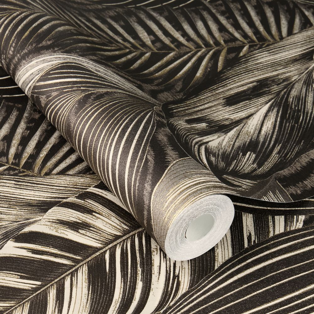 Exotic Leaves Wallpaper - Black and Gold - by Albany