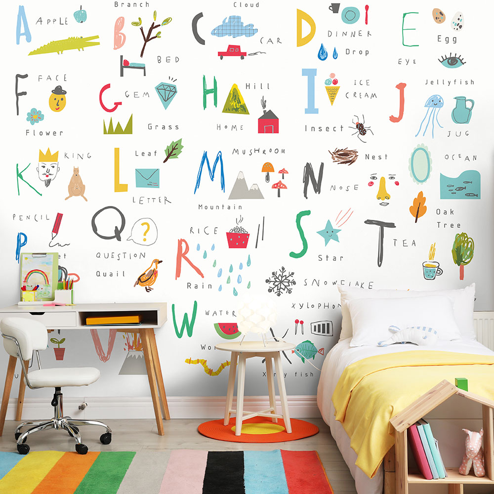 Childrens Alphabet Illustrations Medium Mural - Multi Bright - by Origin Murals
