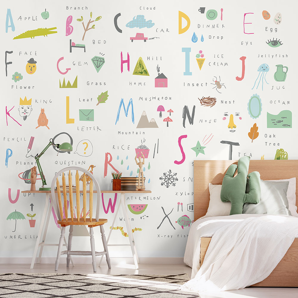 Childrens Alphabet Illustrations Large Mural - Multi Pink - by Origin Murals