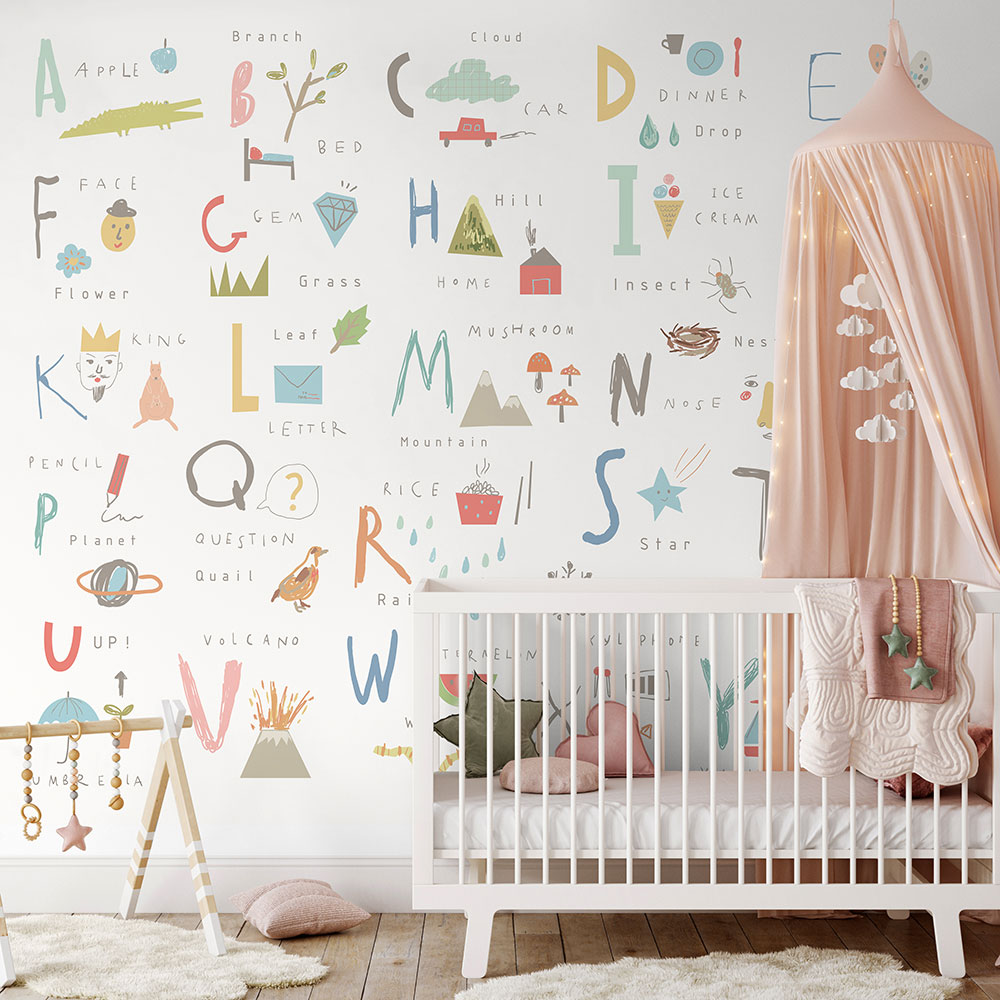 Childrens Alphabet Illustrations Large Mural - Multi Pastel - by Origin Murals