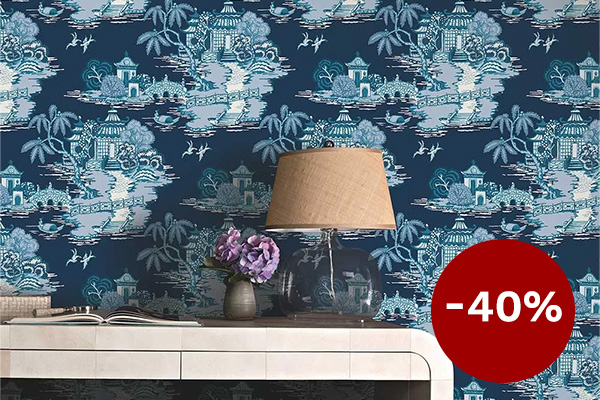 Pagoda and Sampan Scenic Wallpaper - Indigo - by York