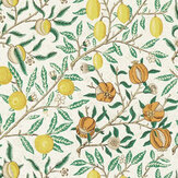 Fruit Fabric - Sap Green/Tangerine - by Morris. Click for more details and a description.