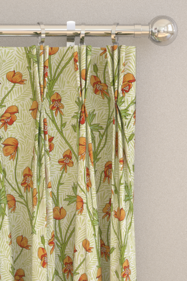 Monkshood Curtains - Tangerine/Sage - by Morris. Click for more details and a description.