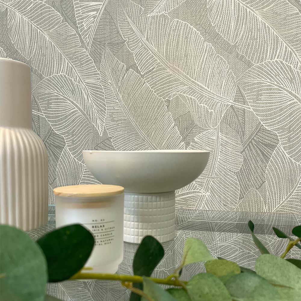 Anaya Leaf Wallpaper - Grey - by Albany
