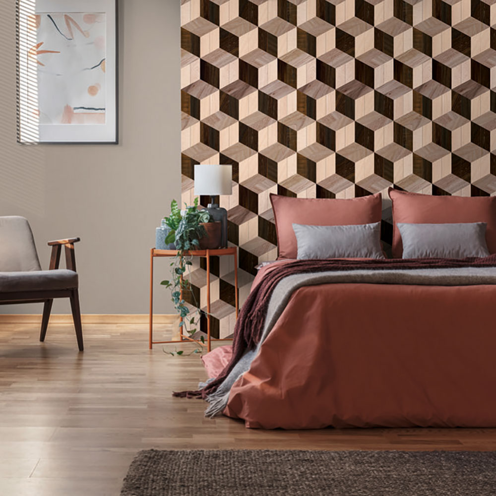 Mural Code Block 3D Wood Blocks Mural by Stories of Life - Brown - Mural : Wallpaper Direct