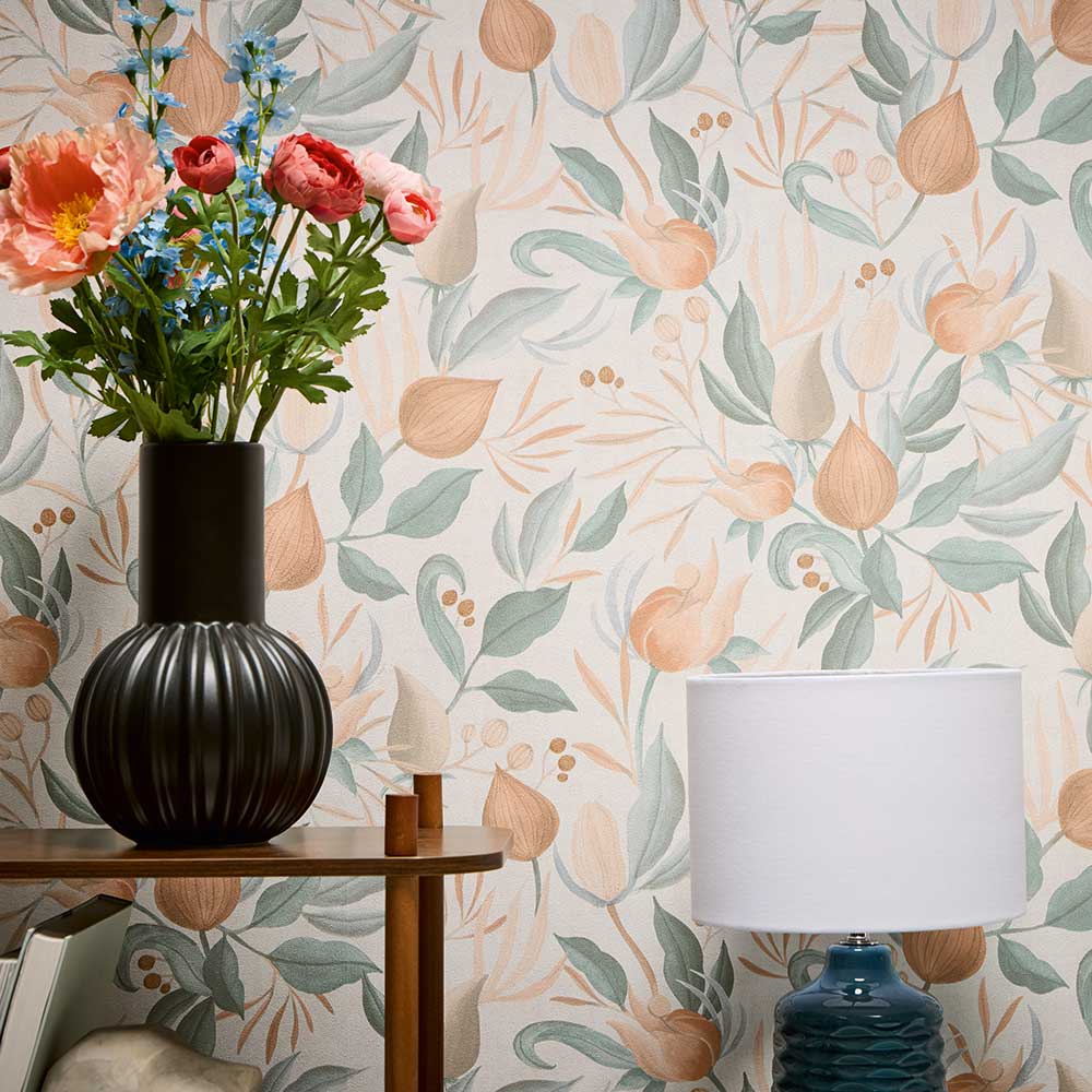 Still Bloom by Cosmo Living by Cosmopolitan - Aqua / Orange - Wallpaper ...