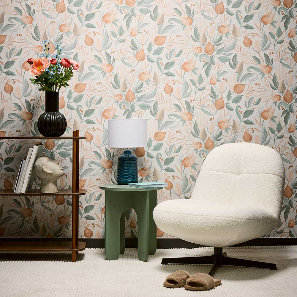 Still Bloom by Cosmo Living by Cosmopolitan - Aqua / Orange - Wallpaper ...