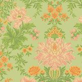 Poppies Wallpaper - Peach, Marigold and Grass on Soft Green - by Cole & Son