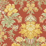 Poppies Wallpaper - Soft Yellow, Cream and Spring Green on Terracotta - by Cole & Son