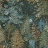 Papel pintado Midnight Woods - Cerceta y amarillo - de Albany. Haz clic para obtener más detalles y una descripción.