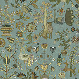 Fable Garden Wallpaper - Mid Blue and Olive - by Josephine Munsey